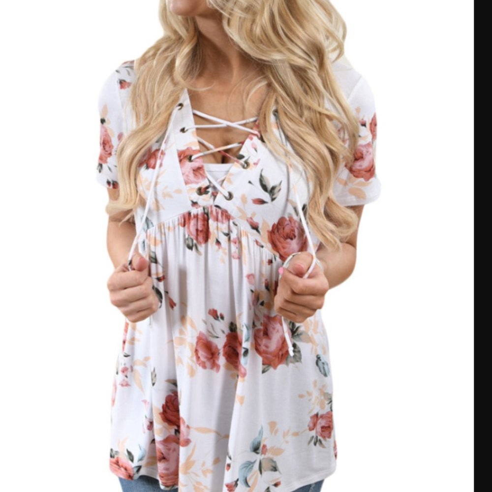 White Floral LaceUp V Neck Tunic - Picture 4 of 12